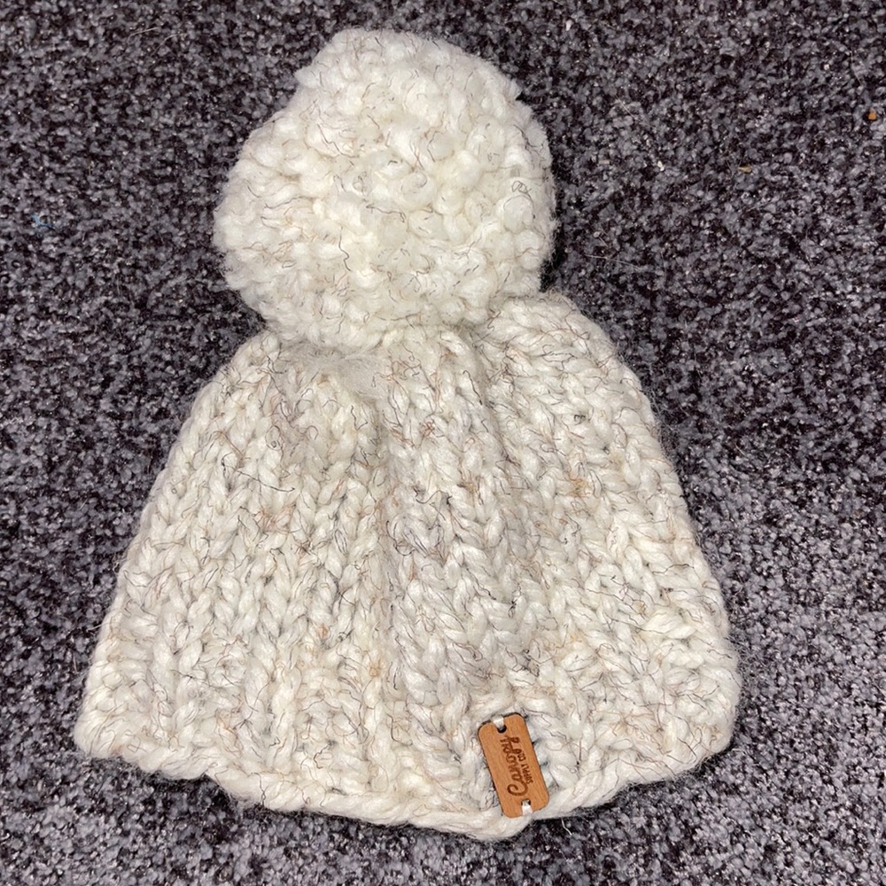 Beautiful cream/ grey knit hat with large pom pom